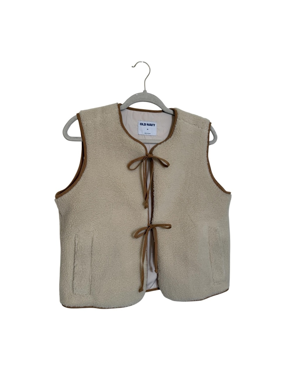 Cream Wool-Style Sherpa Vest with Brown Trim Tie-Front